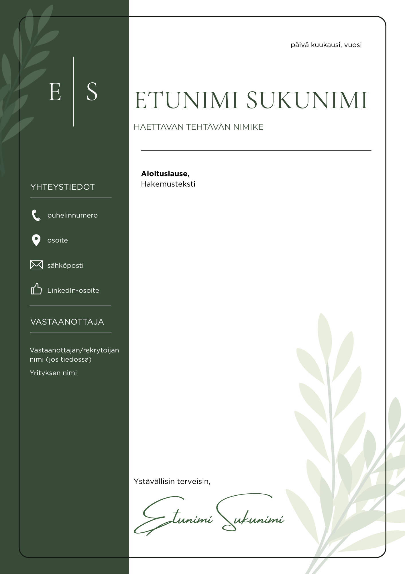 Elegant Sage -työhakemuspohjan esikatselu
