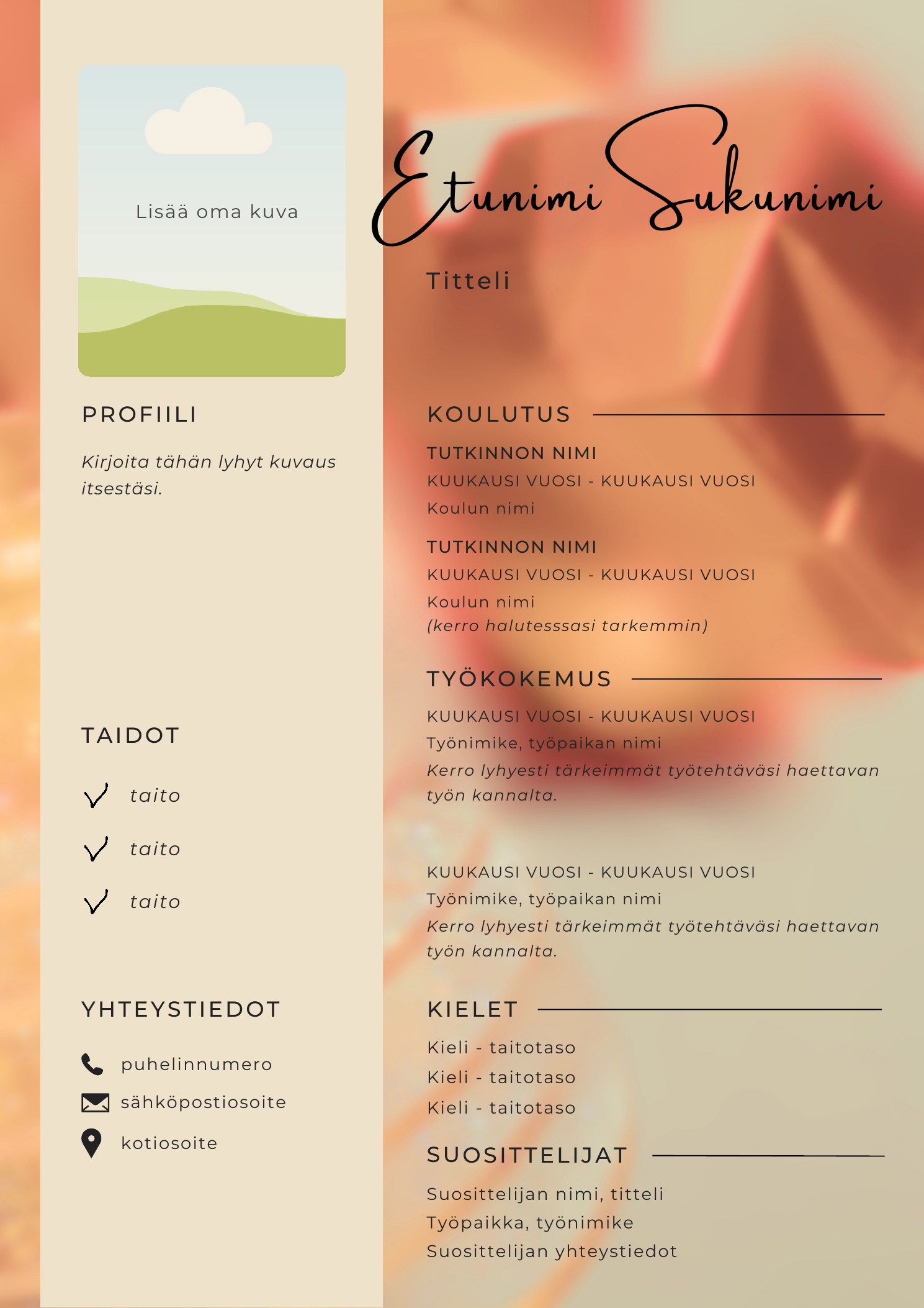 Crystal Peach -Canva-CV-pohjan esikatselu